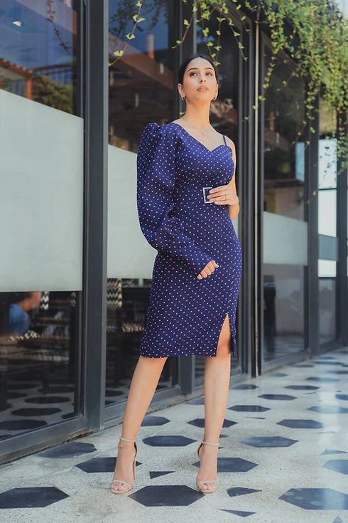 Kim One Sleeve Polka Dots Midi Dress